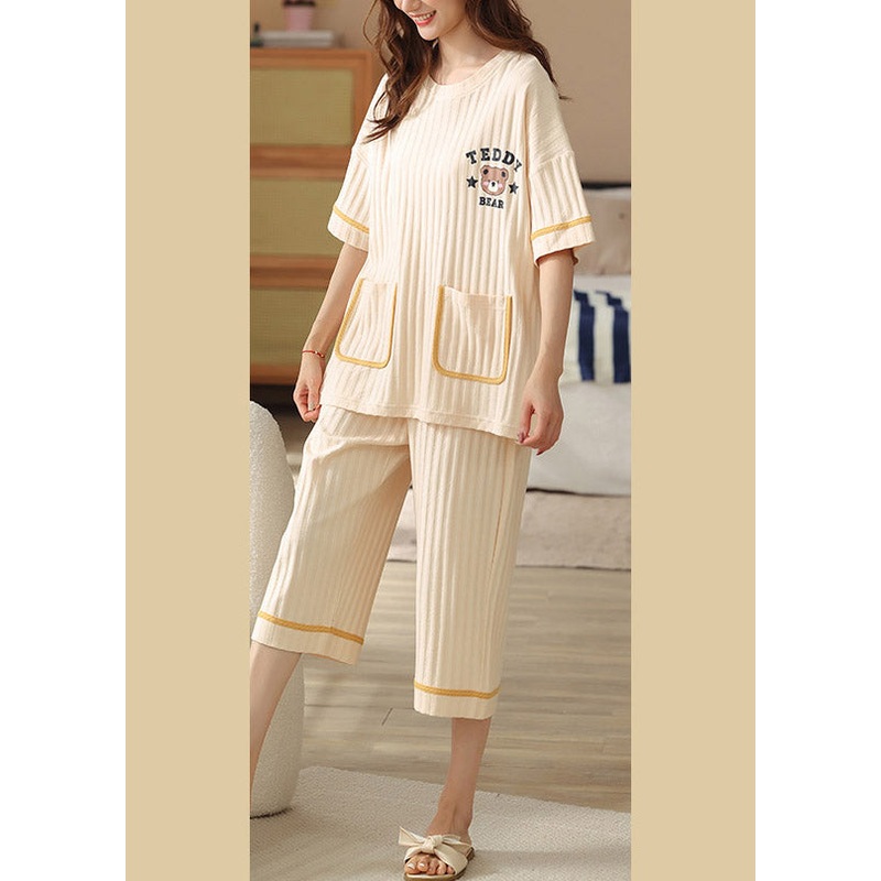 Casual Beige O-Neck Print Cozy Cotton Pajamas Two Pieces Set Summer