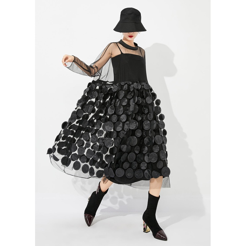 Casual Black Oversized Patchwork Hollow Out Tulle Long Dress Summer