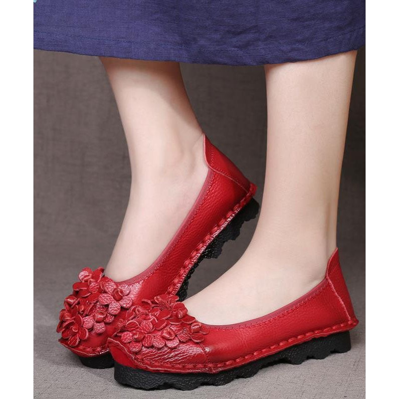 Casual Floral Penny Loafers Red Cowhide Leather