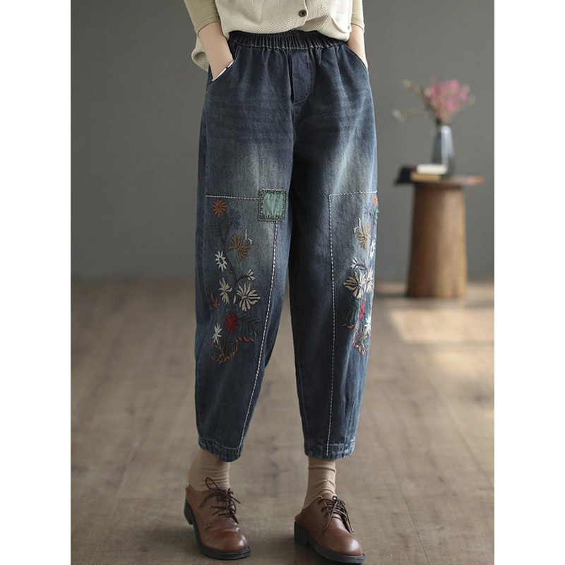 Casual Loose Embroidered Elasticity Harem Denim Pants