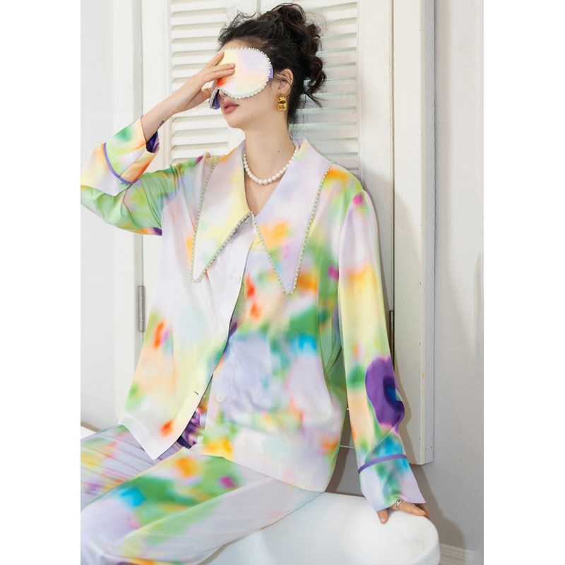 Casual Multicolour Peter Pan Collar Tie Dye Ice Silk Pajamas Two Pieces Set Spring