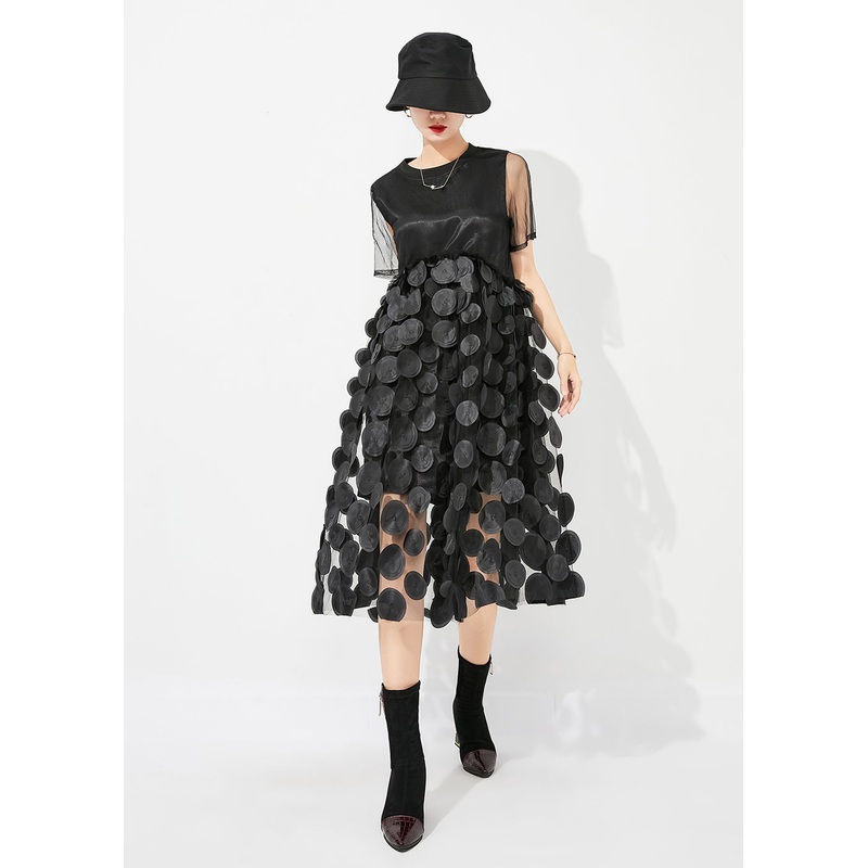 Chic Black O-Neck Patchwork Exra Large Hem Tulle Vacation Dress Summer