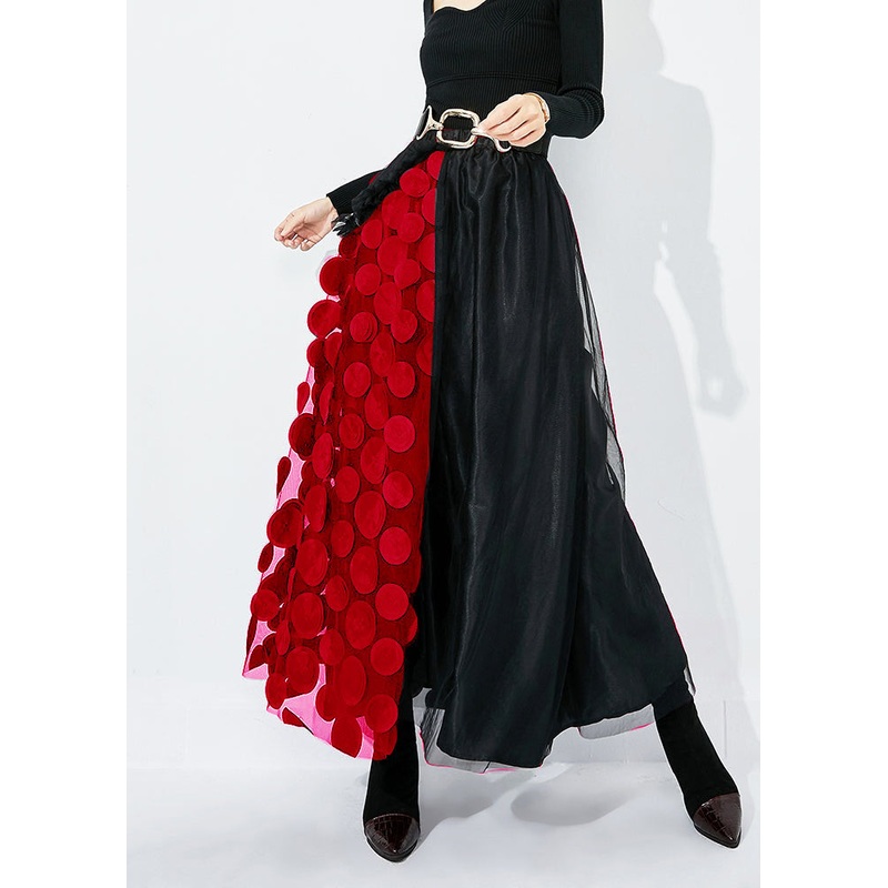 Chic Black-Red Dot Ruffled Patchwork Dot Tulle A Line Skirts Summer