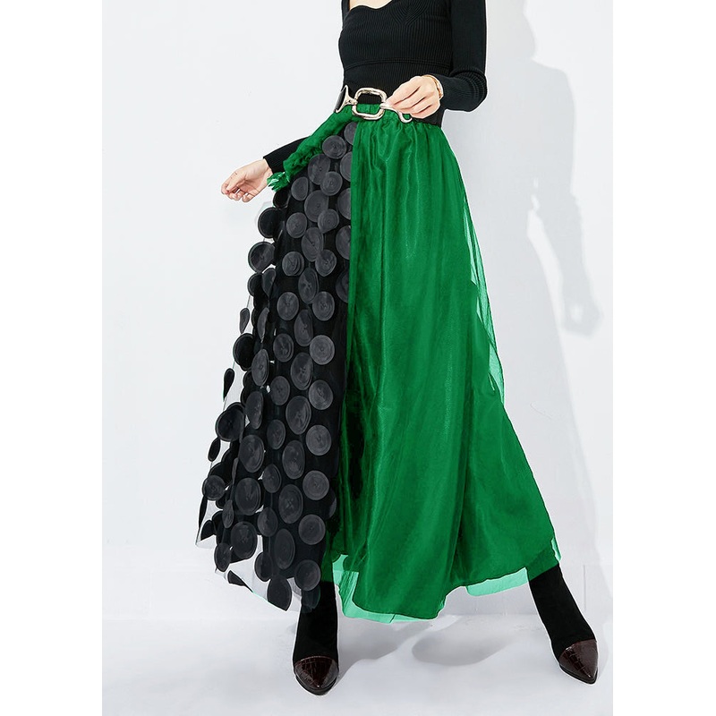 Chic Green-Black Dot Ruffled Patchwork Dot Tulle A Line Skirts Summer