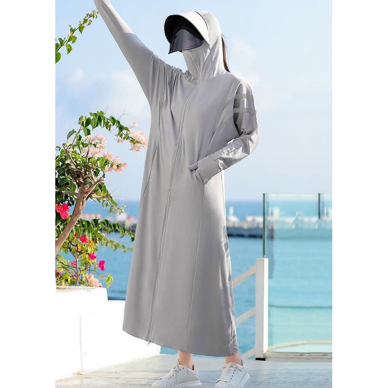 Chic Grey Hooded Pockets Patchwork Long Ice Silk UPF 50+ Coat Summer
