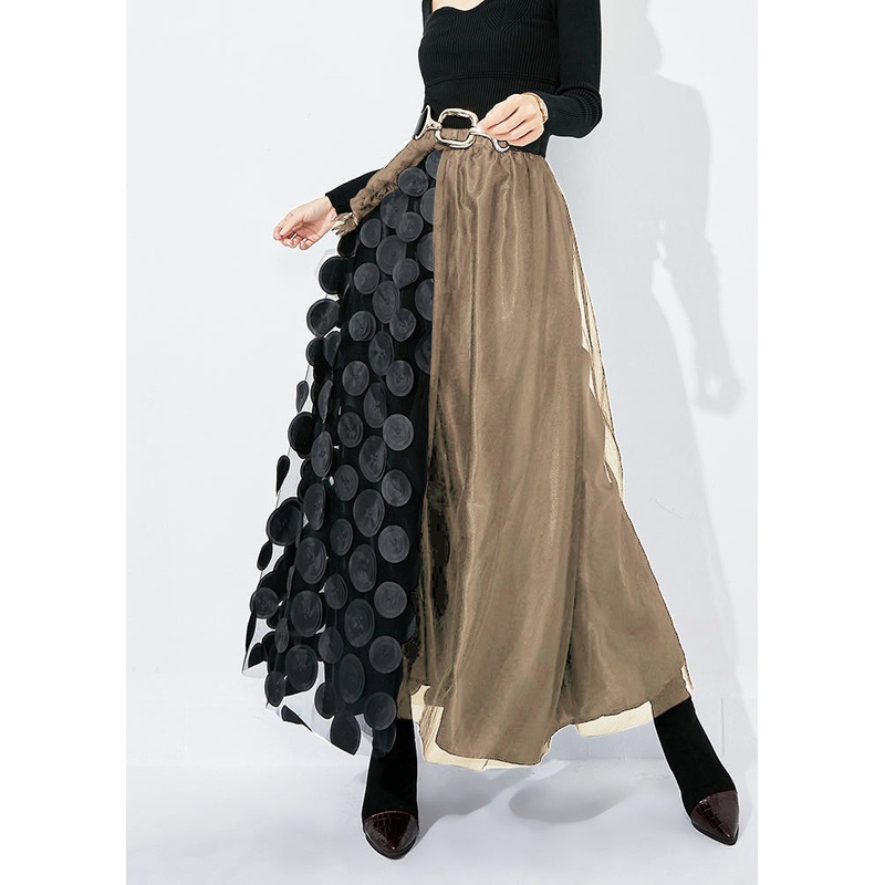 Chic Khaki-Black Dot Ruffled Patchwork Dot Tulle A Line Skirts Summer