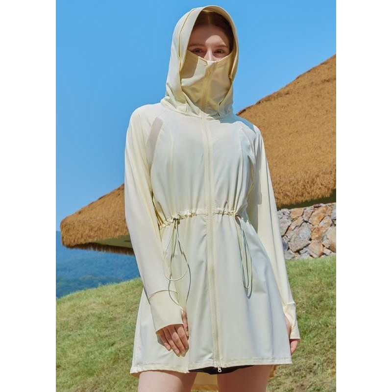 Chic Light Yellow Hooded Drawstring Patchwork Ice Silk UPF 50+ Coats Summer