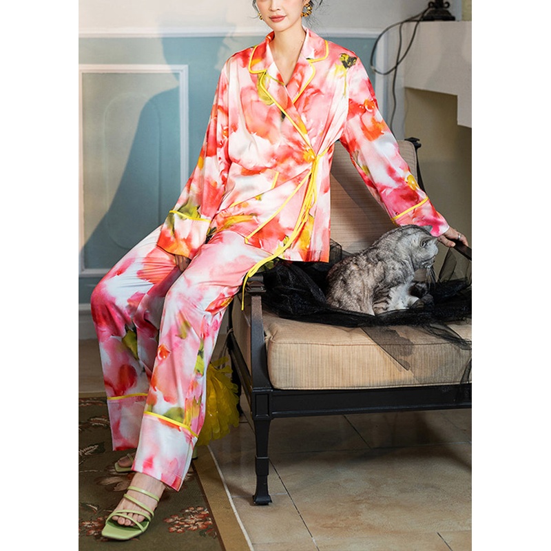 Chic Pink Peter Pan Collar Tie Dye Tie Waist Ice Silk Pajamas Two Pieces Set Spring
