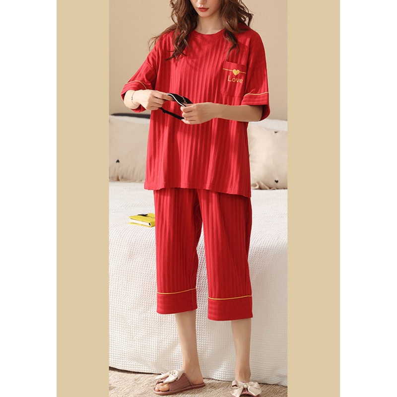 Chic Red O-Neck Love Cotton Pajamas Two Piece Set Summer
