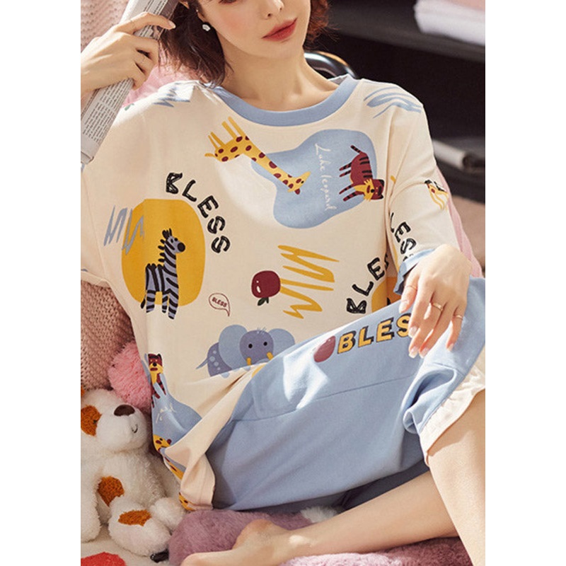 Chic Yellow Blue Ruffles Animal Print Pajamas Two Pieces Set Summer