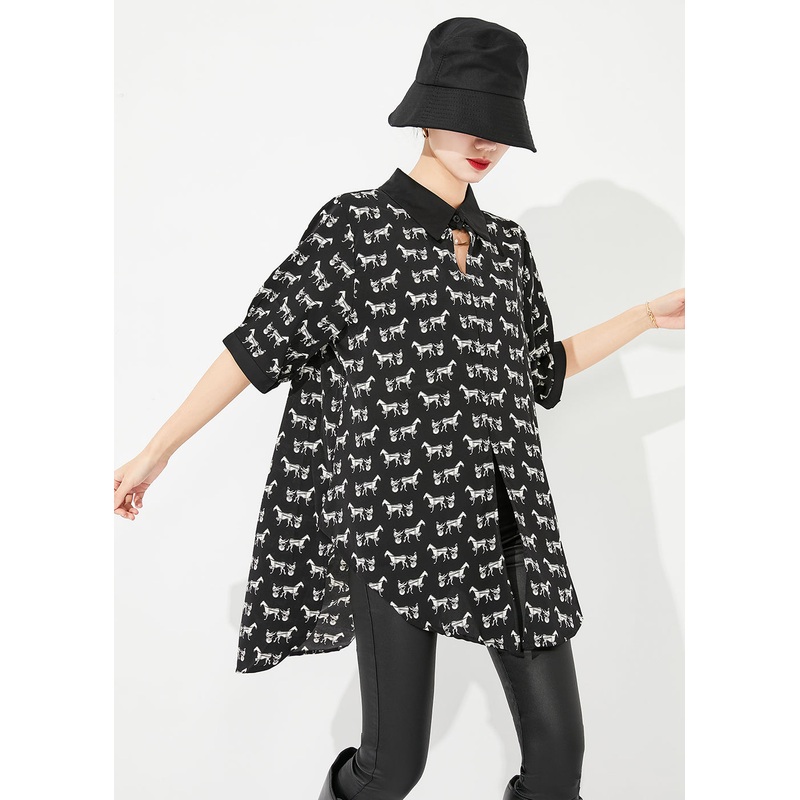 Classy Black Oversized Print Low High Design Chiffon Long Shirt Half Sleeve