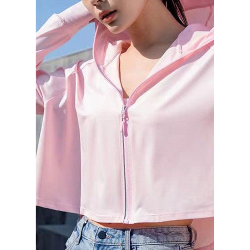 Classy Pink Hooded Zippered Patchwork Ice Silk UPF 50+ Jackets Summer
