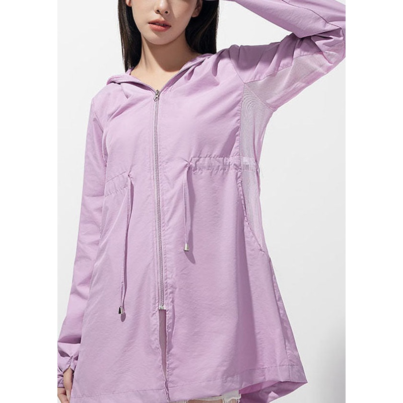 Classy Purple Hooded Pockets Drawstring Patchwork Ice Silk UPF 50+ Coat Summer