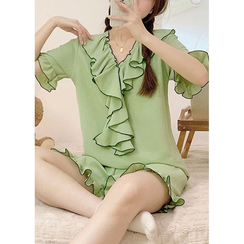 DIY Green V Neck Ruffled Patchwork Knitting Cotton Pajamas Set Summer