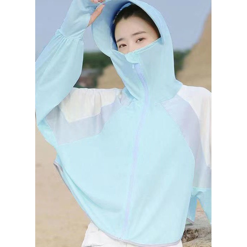 DIY Light Green Hooded Zippered Patchwork Ice Silk UPF 50+ Coats Summer
