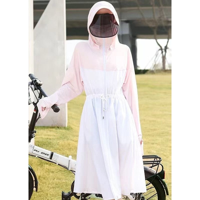 DIY Light Pink Hooded Drawstring Patchwork Ice Silk UPF 50+ Coats Summer