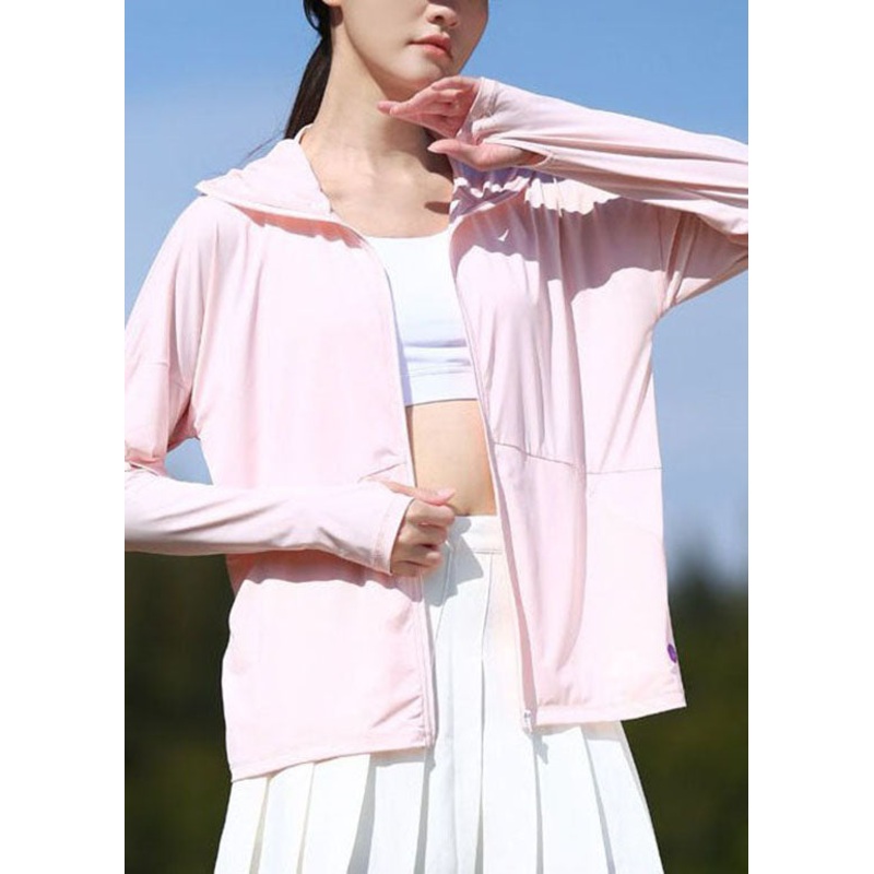 DIY Pink Hooded Zip Up Pockets Patchwork Ice Silk UPF 50+ Coat Summer