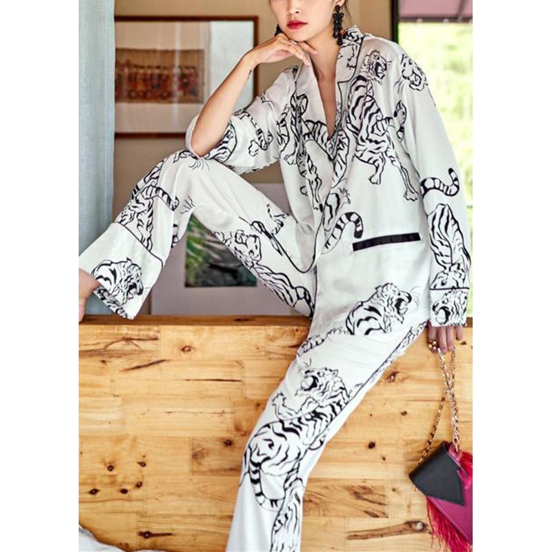 DIY White Peter Pan Collar Tiger Print Ice Silk Pajamas Women Sets 2 Pieces Spring