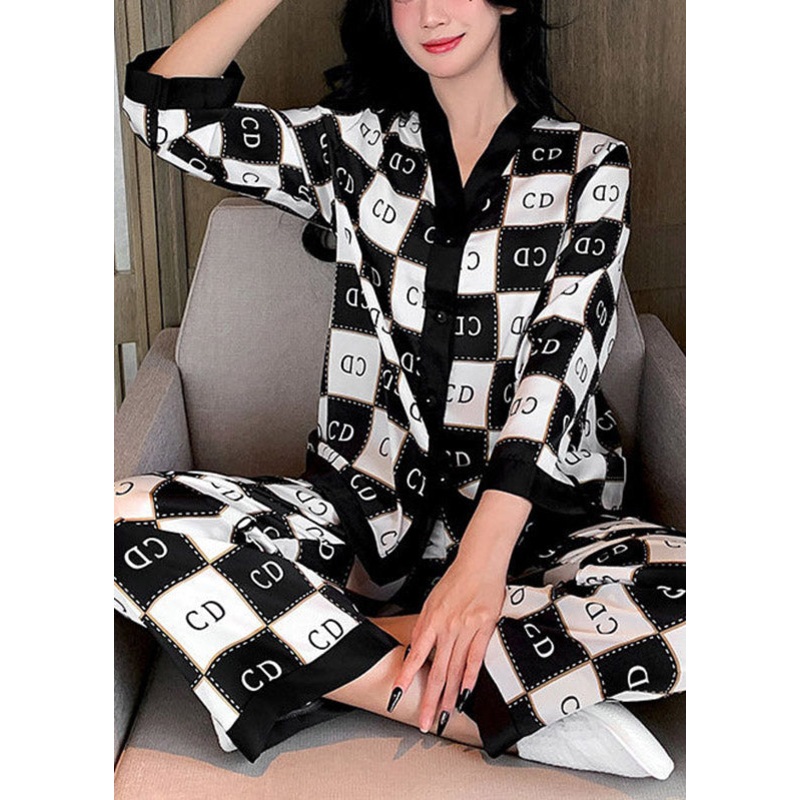 Elegant Black White Plaid V Neck Graphic Button Ice Silk Pajamas Two Piece Set Long Sleeve