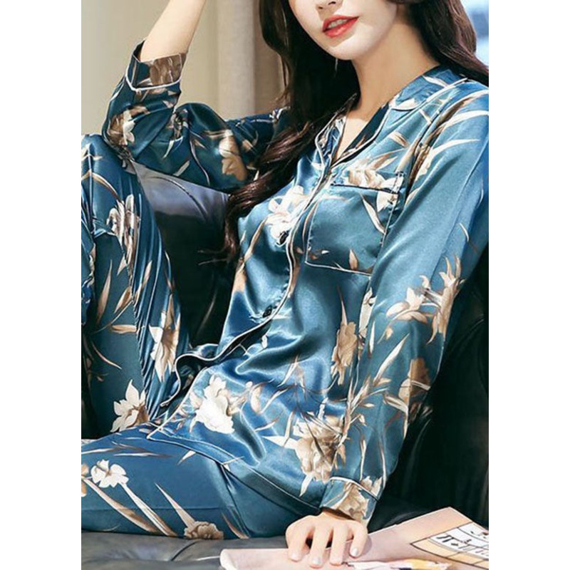 Elegant Blue Peter Pan Collar Print Ice Silk Pajamas Two Pieces Set Summer