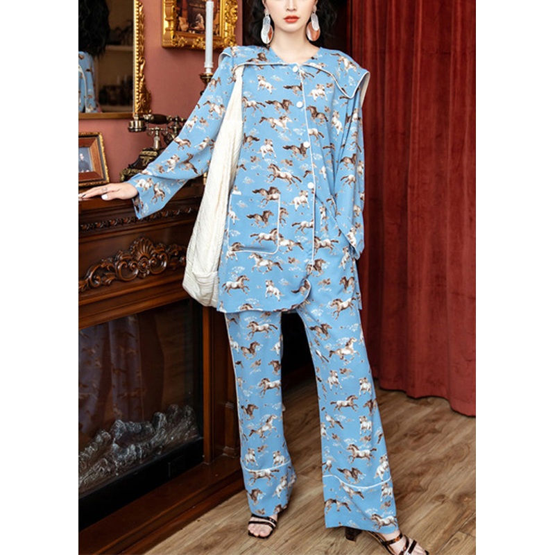 Elegant Light Blue Sailor Collar Print Ice Silk Pajamas Two Pieces Set Spring