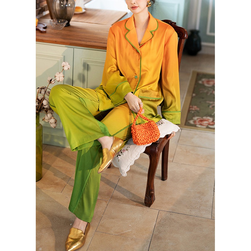 Elegant Orange Gradient Color Pockets Ice Silk Pajamas Two Piece Set Spring