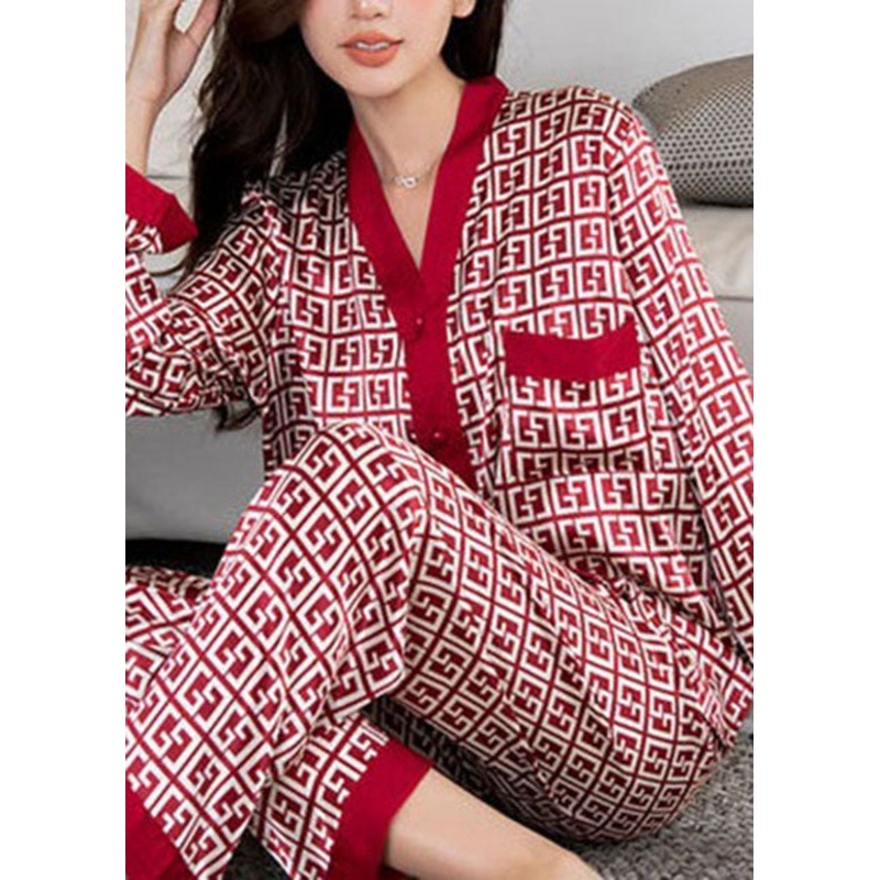 Elegant Red V Neck Print Patchwork Ice Silk Pajamas Two Pieces Set Summer