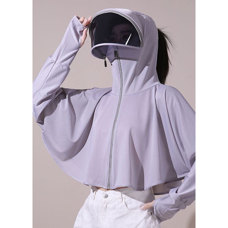 Fine Grey Hooded Zippered Patchwork Ice Silk UPF 50+ Jackets Summer