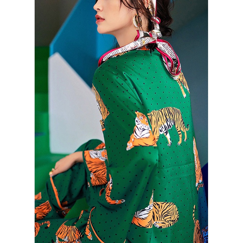 Fitted Green Peter Pan Collar Tiger Print Ice Silk Pajamas Two Piece Set Spring