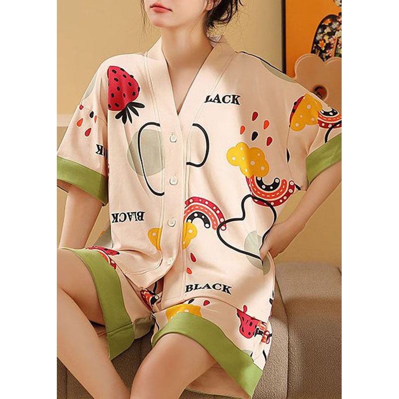 French Apricot V Neck Button Cotton Two Pieces Set Pajamas Summer