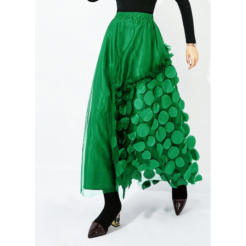 French Green Elastic Waist Patchwork Dot Tulle Vacation Skirts Spring