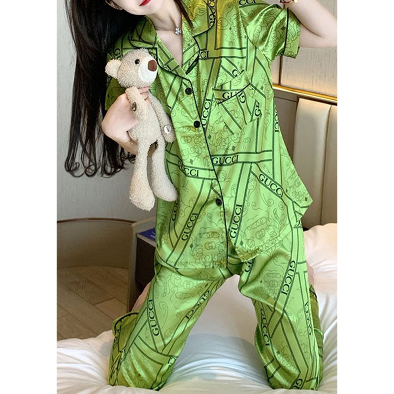 French Green Peter Pan Collar Ice Silk Two Piece Set Pajamas Summer
