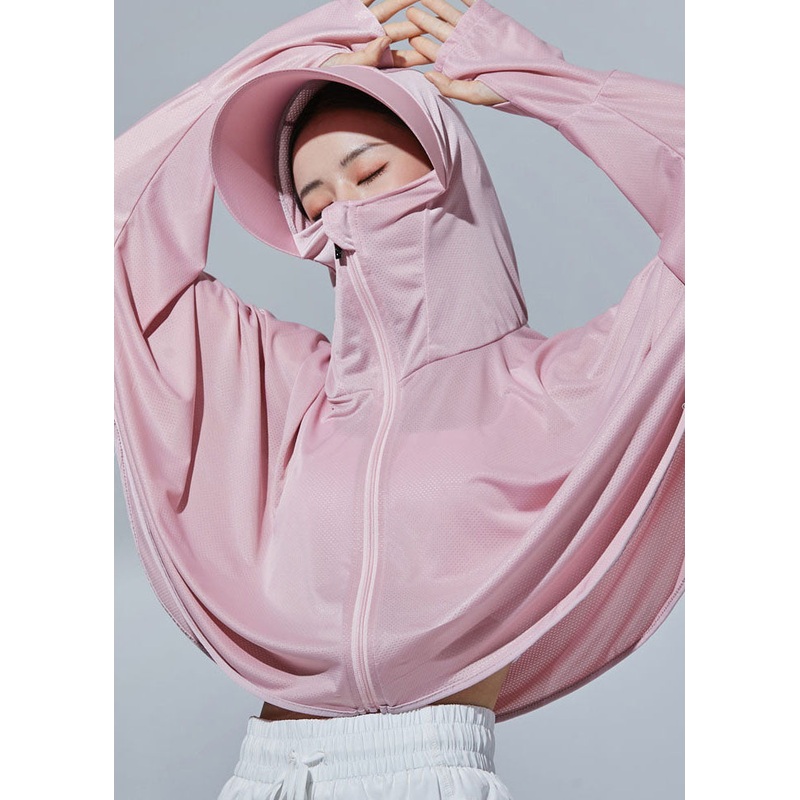 French Pink Hooded Zippered Patchwork Ice Silk UPF 50+ Coat Summer