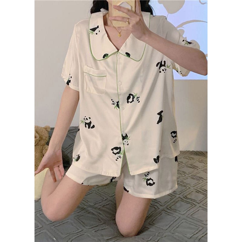 French White Peter Pan Collar Animal Print Patchwork Ice Silk Pajamas Two Piece Set Summer