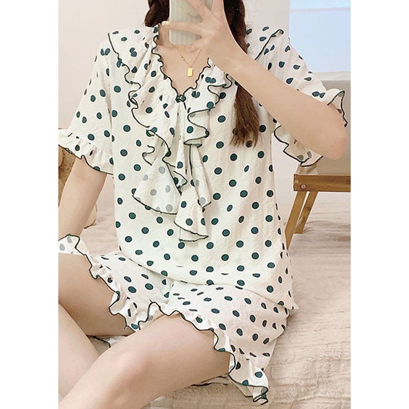 French White Ruffled Dot Patchwork Knitting Cotton Pajamas Outfit Summer