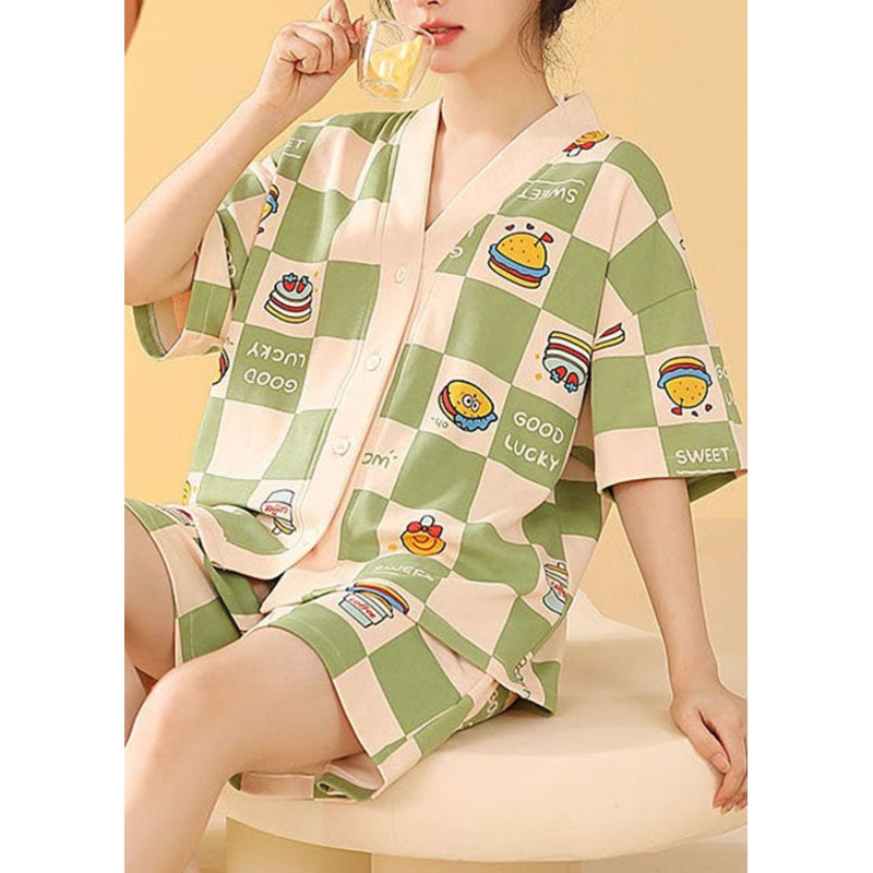 Green Plaid Patchwork Cotton Pajamas Two Pieces Set V Neck Summer
