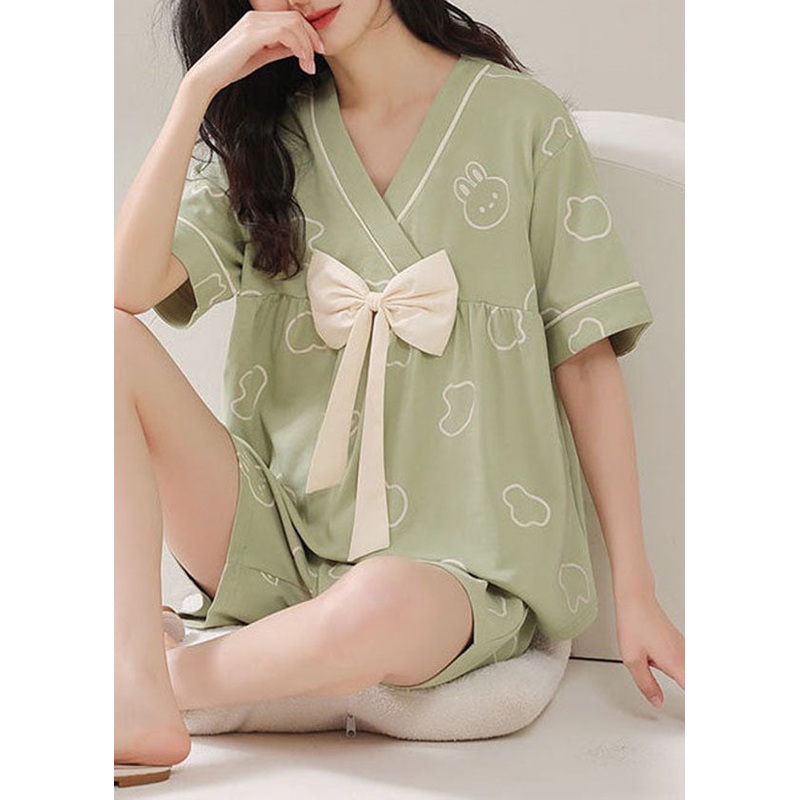 Green Print Patchwork Cotton Pajamas Women Sets 2 Pieces  Bow Summer