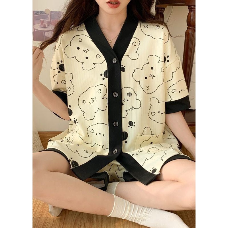 Handmade Black V Neck Print Cotton Pajamas Sets 2 Pieces Summer