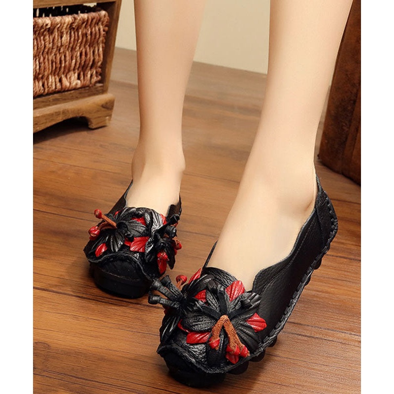 Handmade Cowhide Leather Flat Shoes For Women Floral Splicing Flat Feet Shoes