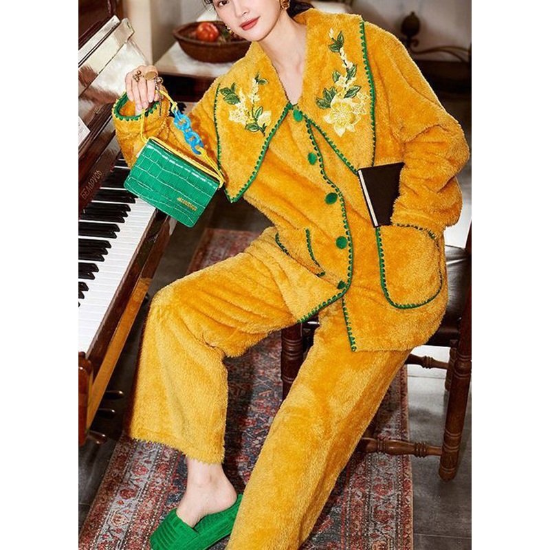 Handmade Yellow Embroideried Warm Fuzzy Fur Fluffy Pajamas Two Pieces Set Winter