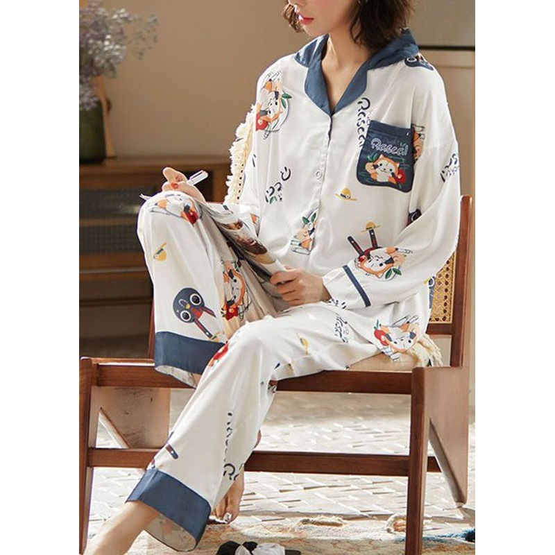Italian Blue Peter Pan Collar Print Ice Silk Pajamas Two Pieces Set Summer