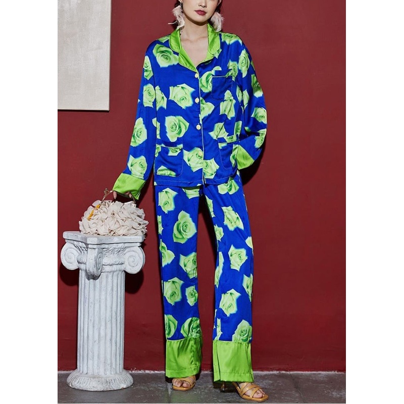 Italian Blue Rose Print Patchwork Ice Silk Pajamas Two Pieces Set Spring