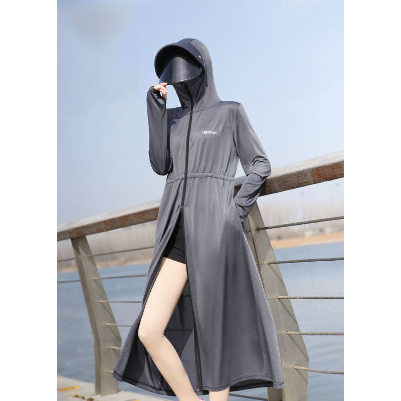 Italian Grey Hooded Pockets Zippered Patchwork Ice Silk UPF 50+ Coat Summer