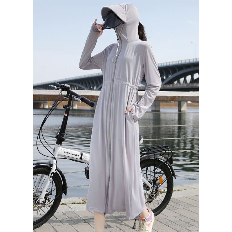 Italian Light Grey Zip Up Pockets Patchwork Long Ice Silk UPF 50+ Coats Summer