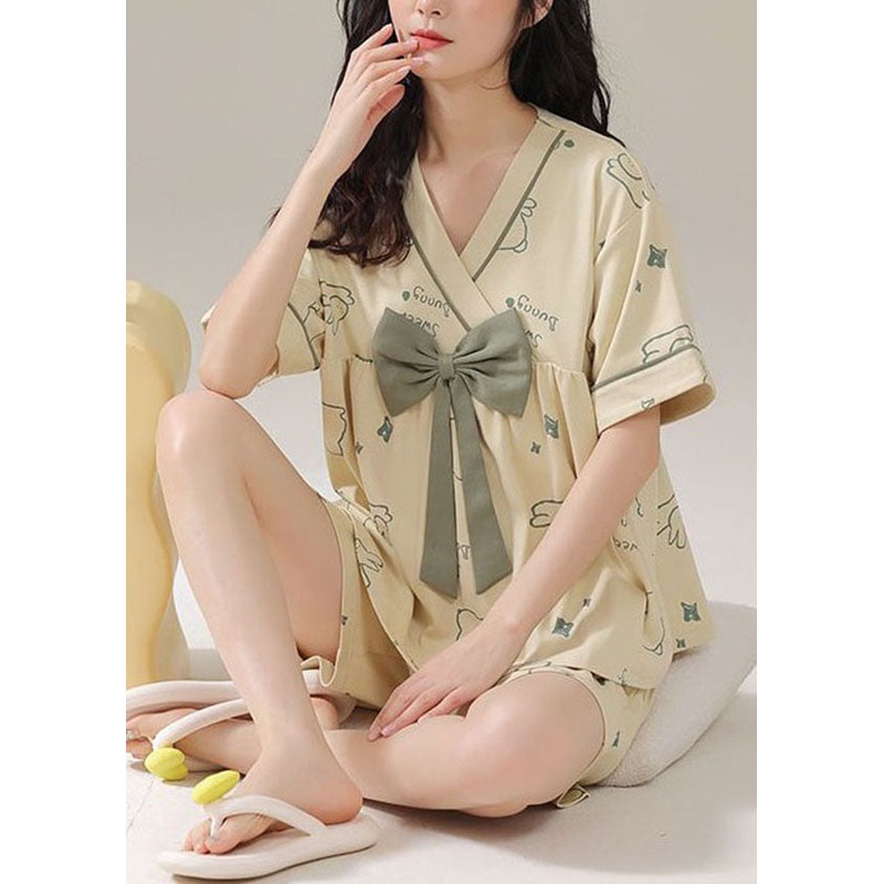 Light Green Bow Patchwork Cotton Pajamas Two Pieces V Neck Summer