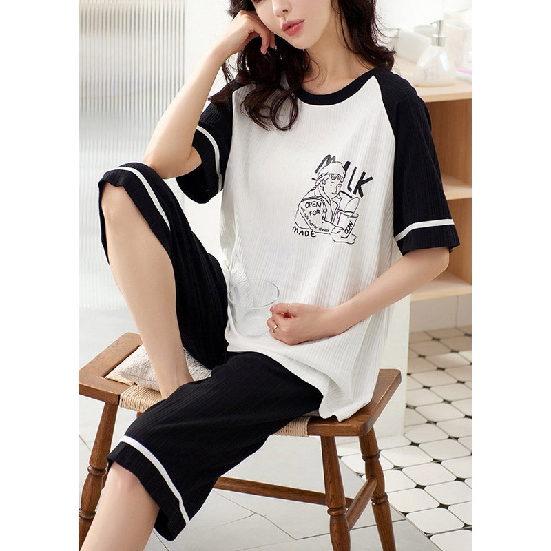 Loose Light Grey O-Neck Print Cotton Pajamas Two Pieces Set Summer