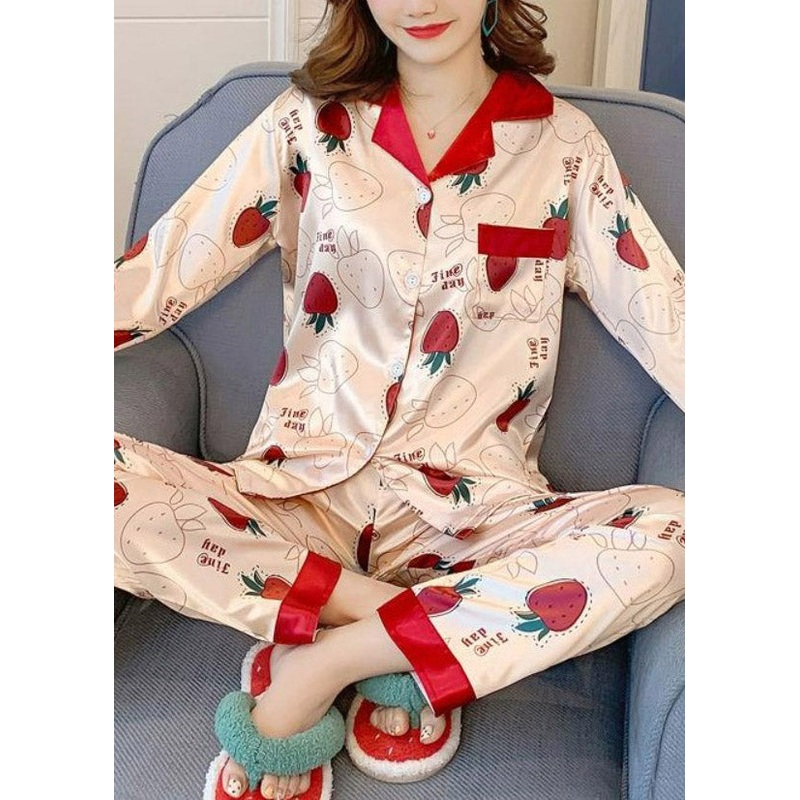 Loose Orange O-Neck Print Cotton Pajamas Two Pieces Set Short Sleeve
