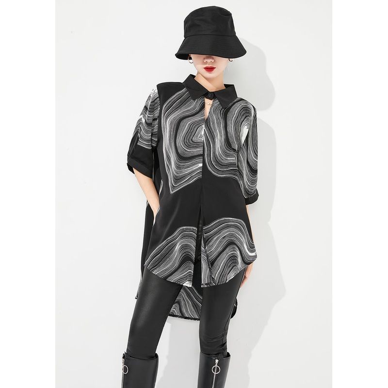 Modern Black Print Low High Design Draping Chiffon Blouse Tops Summer