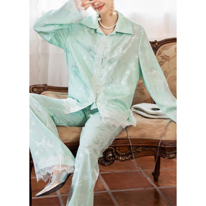 Modern Lake Green Jacquard Lace Patchwork Nail Bead Ice Silk Pajamas Two-Piece Set Spring