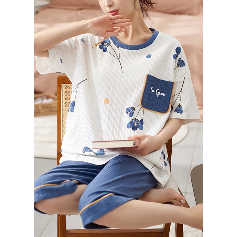 Organic Blue O-Neck Print Cotton Pajamas Two Pieces Set Summer